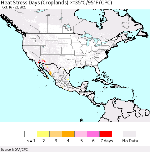 North America Heat Stress Days (Croplands) >=35°C/95°F (CPC) Thematic Map For 10/16/2023 - 10/22/2023