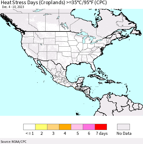 North America Heat Stress Days (Croplands) >=35°C/95°F (CPC) Thematic Map For 12/4/2023 - 12/10/2023