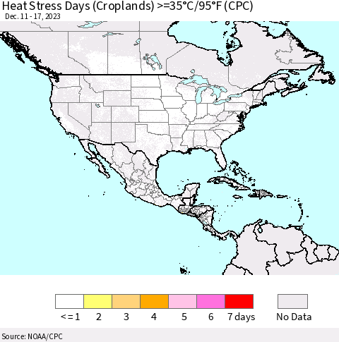 North America Heat Stress Days (Croplands) >=35°C/95°F (CPC) Thematic Map For 12/11/2023 - 12/17/2023
