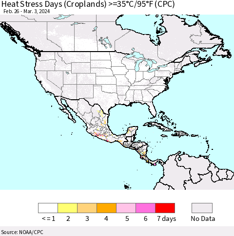 North America Heat Stress Days (Croplands) >=35°C/95°F (CPC) Thematic Map For 2/26/2024 - 3/3/2024