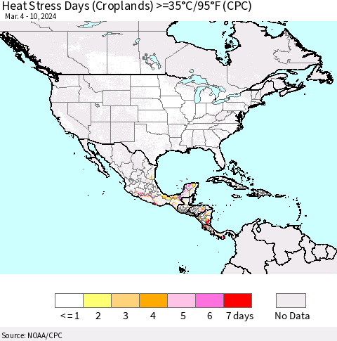 North America Heat Stress Days (Croplands) >=35°C/95°F (CPC) Thematic Map For 3/4/2024 - 3/10/2024