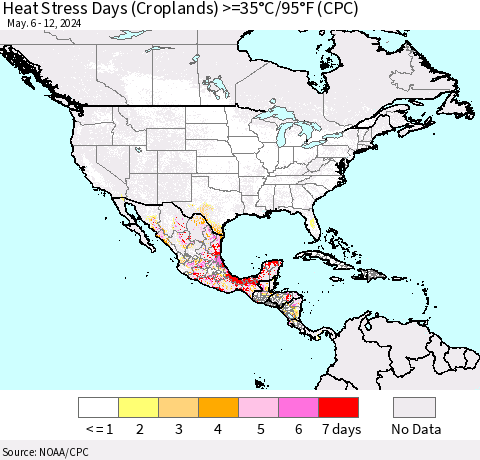North America Heat Stress Days (Croplands) >=35°C/95°F (CPC) Thematic Map For 5/6/2024 - 5/12/2024