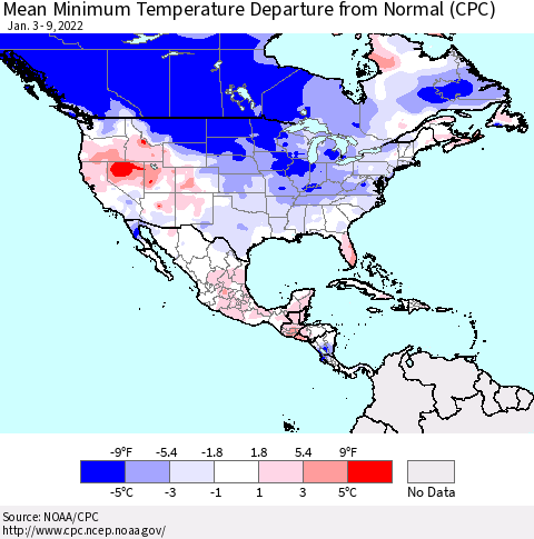North America Mean Minimum Temperature Departure from Normal (CPC) Thematic Map For 1/3/2022 - 1/9/2022