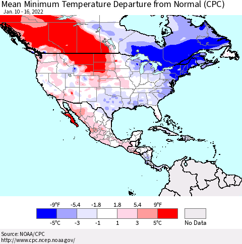 North America Mean Minimum Temperature Departure from Normal (CPC) Thematic Map For 1/10/2022 - 1/16/2022