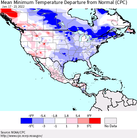 North America Mean Minimum Temperature Departure from Normal (CPC) Thematic Map For 1/17/2022 - 1/23/2022