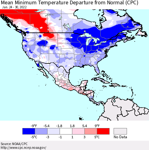 North America Mean Minimum Temperature Departure from Normal (CPC) Thematic Map For 1/24/2022 - 1/30/2022