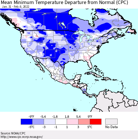 North America Mean Minimum Temperature Departure from Normal (CPC) Thematic Map For 1/31/2022 - 2/6/2022