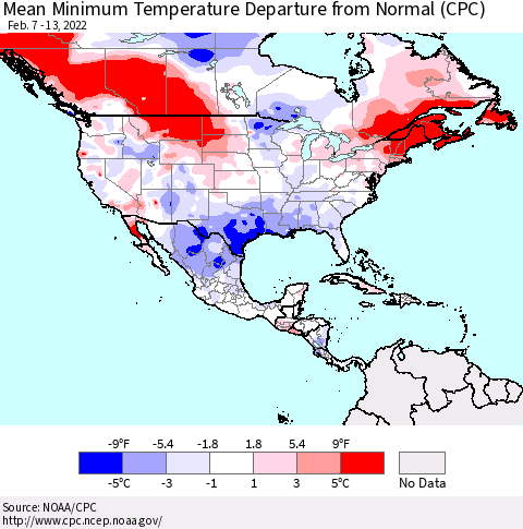 North America Mean Minimum Temperature Departure from Normal (CPC) Thematic Map For 2/7/2022 - 2/13/2022