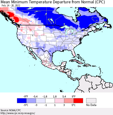 North America Mean Minimum Temperature Departure from Normal (CPC) Thematic Map For 2/14/2022 - 2/20/2022