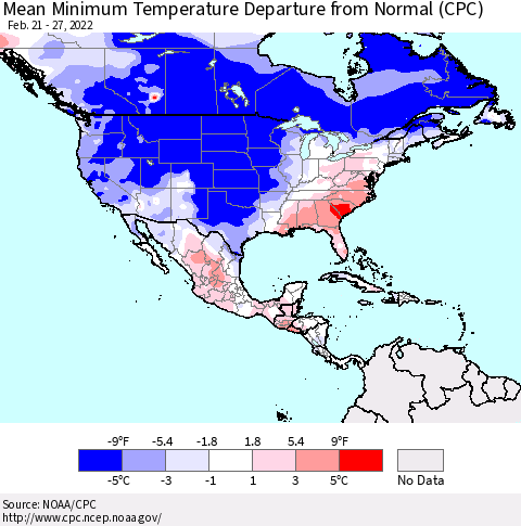 North America Mean Minimum Temperature Departure from Normal (CPC) Thematic Map For 2/21/2022 - 2/27/2022