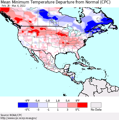 North America Mean Minimum Temperature Departure from Normal (CPC) Thematic Map For 2/28/2022 - 3/6/2022