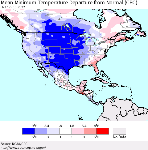 North America Mean Minimum Temperature Departure from Normal (CPC) Thematic Map For 3/7/2022 - 3/13/2022