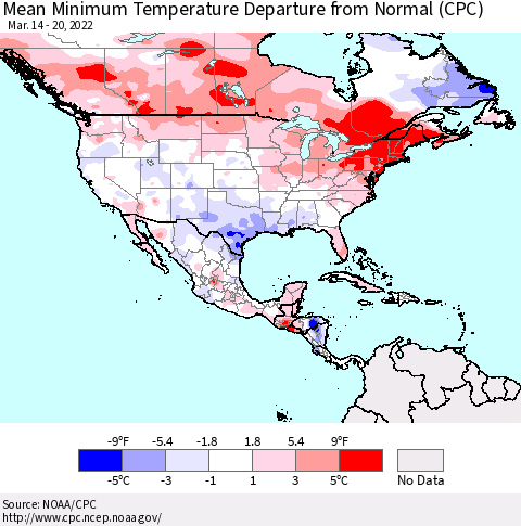 North America Mean Minimum Temperature Departure from Normal (CPC) Thematic Map For 3/14/2022 - 3/20/2022