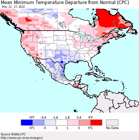 North America Mean Minimum Temperature Departure from Normal (CPC) Thematic Map For 3/21/2022 - 3/27/2022