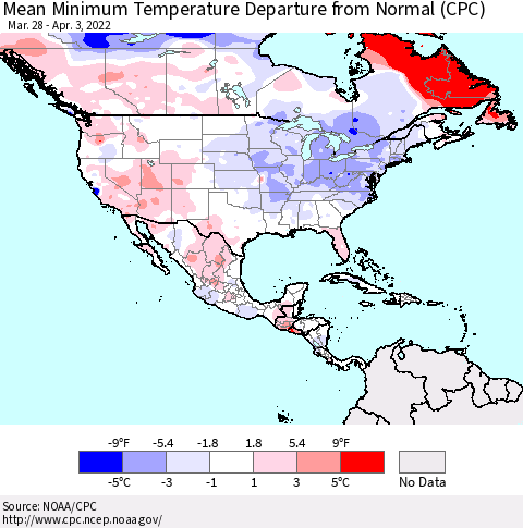 North America Mean Minimum Temperature Departure from Normal (CPC) Thematic Map For 3/28/2022 - 4/3/2022