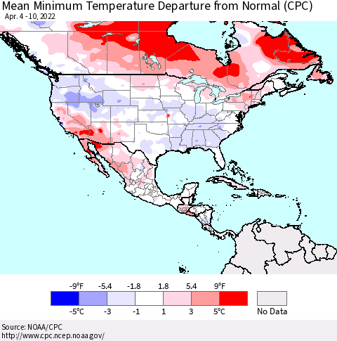 North America Mean Minimum Temperature Departure from Normal (CPC) Thematic Map For 4/4/2022 - 4/10/2022