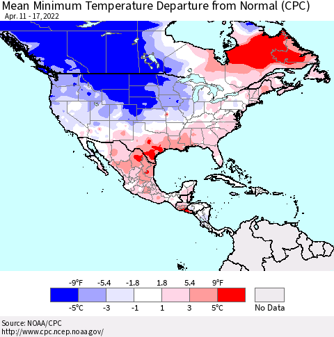 North America Mean Minimum Temperature Departure from Normal (CPC) Thematic Map For 4/11/2022 - 4/17/2022