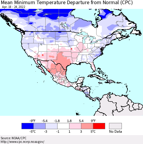 North America Mean Minimum Temperature Departure from Normal (CPC) Thematic Map For 4/18/2022 - 4/24/2022