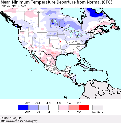 North America Mean Minimum Temperature Departure from Normal (CPC) Thematic Map For 4/25/2022 - 5/1/2022