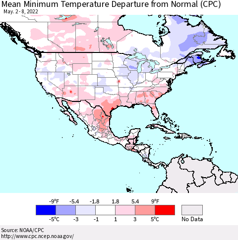 North America Mean Minimum Temperature Departure from Normal (CPC) Thematic Map For 5/2/2022 - 5/8/2022
