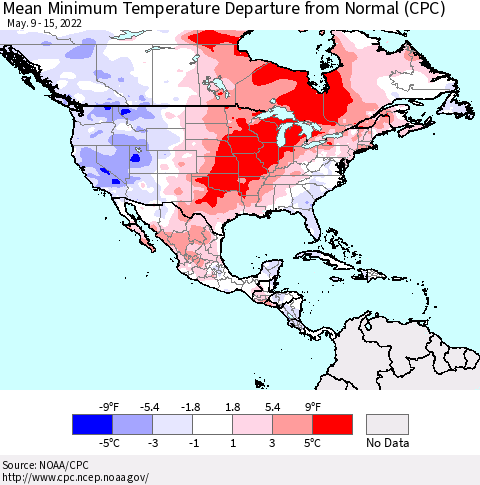 North America Mean Minimum Temperature Departure from Normal (CPC) Thematic Map For 5/9/2022 - 5/15/2022