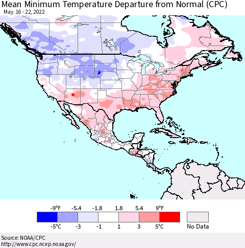North America Mean Minimum Temperature Departure from Normal (CPC) Thematic Map For 5/16/2022 - 5/22/2022