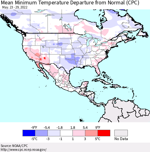 North America Mean Minimum Temperature Departure from Normal (CPC) Thematic Map For 5/23/2022 - 5/29/2022