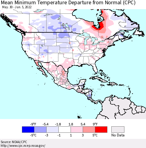 North America Mean Minimum Temperature Departure from Normal (CPC) Thematic Map For 5/30/2022 - 6/5/2022