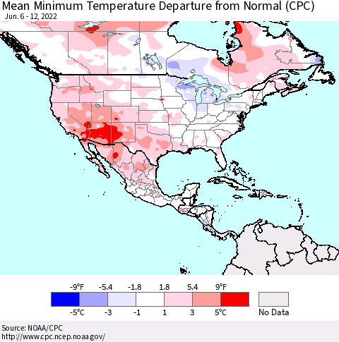 North America Mean Minimum Temperature Departure from Normal (CPC) Thematic Map For 6/6/2022 - 6/12/2022