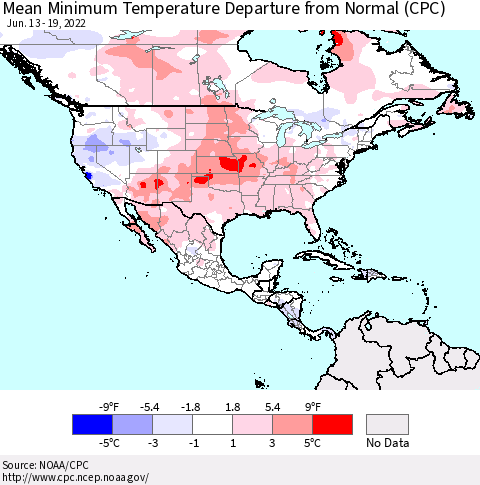 North America Mean Minimum Temperature Departure from Normal (CPC) Thematic Map For 6/13/2022 - 6/19/2022