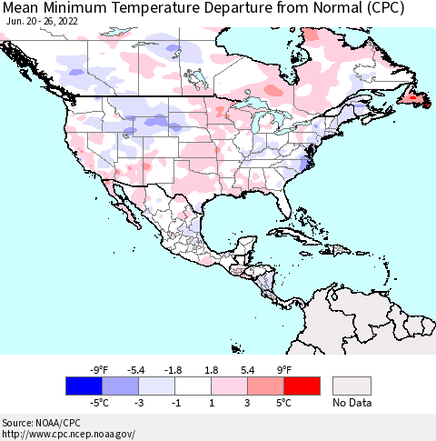 North America Mean Minimum Temperature Departure from Normal (CPC) Thematic Map For 6/20/2022 - 6/26/2022