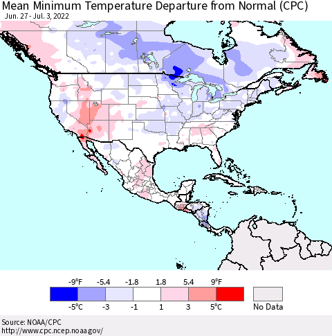 North America Mean Minimum Temperature Departure from Normal (CPC) Thematic Map For 6/27/2022 - 7/3/2022