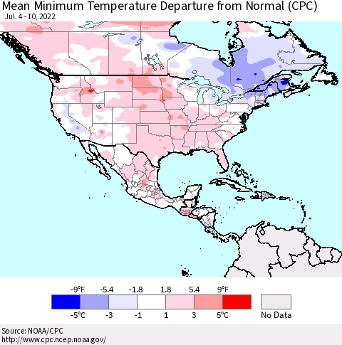 North America Mean Minimum Temperature Departure from Normal (CPC) Thematic Map For 7/4/2022 - 7/10/2022