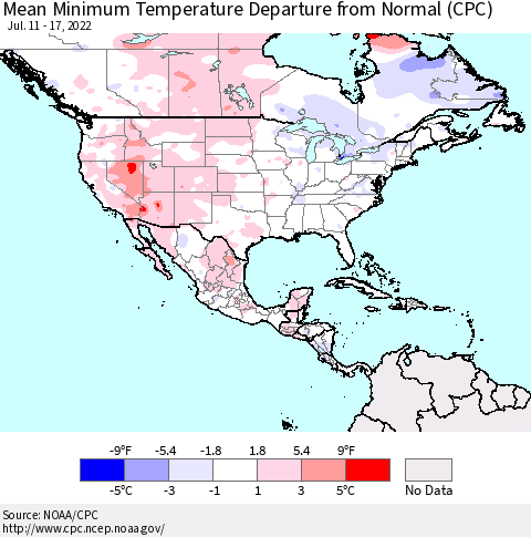 North America Mean Minimum Temperature Departure from Normal (CPC) Thematic Map For 7/11/2022 - 7/17/2022