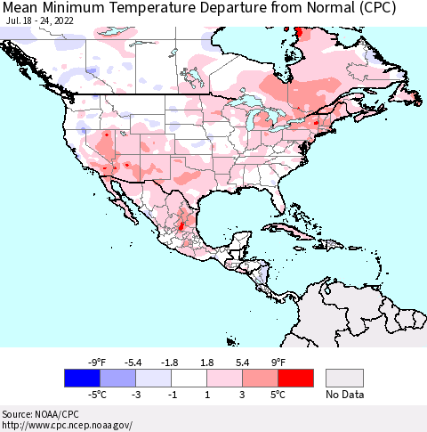 North America Mean Minimum Temperature Departure from Normal (CPC) Thematic Map For 7/18/2022 - 7/24/2022