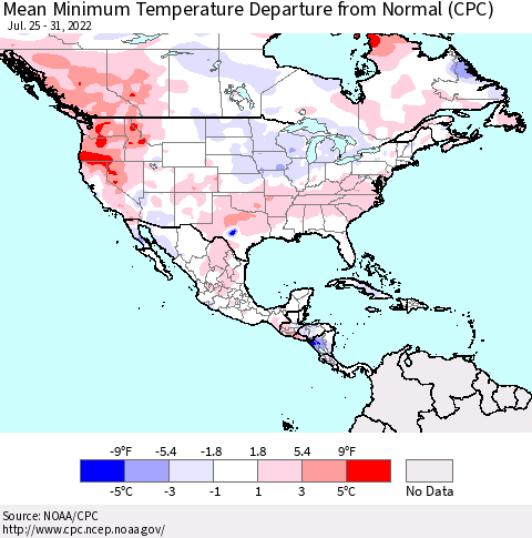 North America Mean Minimum Temperature Departure from Normal (CPC) Thematic Map For 7/25/2022 - 7/31/2022