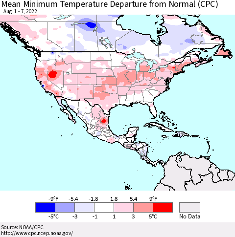 North America Mean Minimum Temperature Departure from Normal (CPC) Thematic Map For 8/1/2022 - 8/7/2022