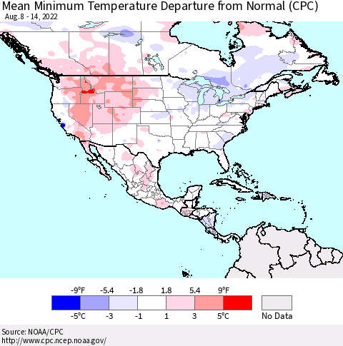North America Mean Minimum Temperature Departure from Normal (CPC) Thematic Map For 8/8/2022 - 8/14/2022