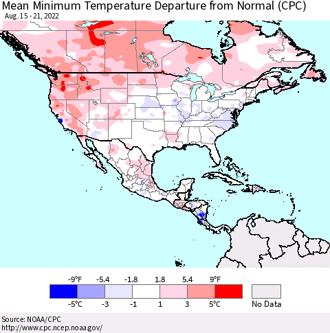 North America Mean Minimum Temperature Departure from Normal (CPC) Thematic Map For 8/15/2022 - 8/21/2022
