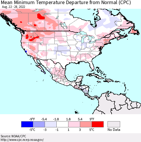 North America Mean Minimum Temperature Departure from Normal (CPC) Thematic Map For 8/22/2022 - 8/28/2022