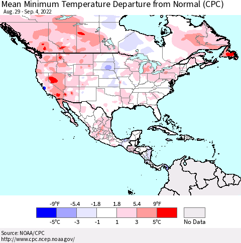North America Mean Minimum Temperature Departure from Normal (CPC) Thematic Map For 8/29/2022 - 9/4/2022