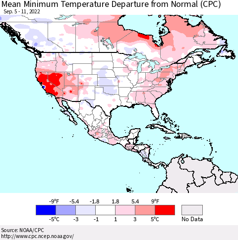 North America Mean Minimum Temperature Departure from Normal (CPC) Thematic Map For 9/5/2022 - 9/11/2022