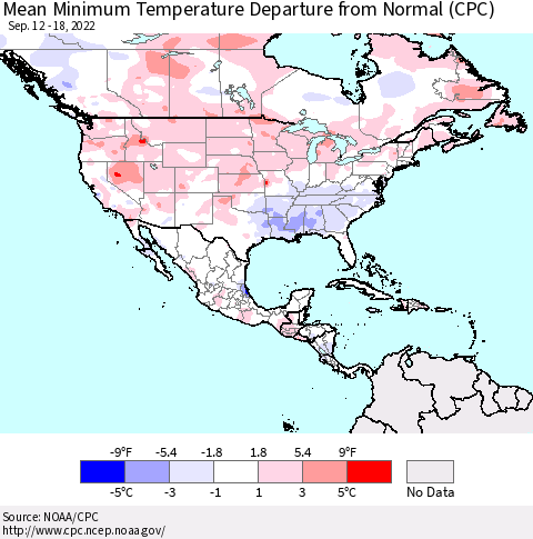 North America Mean Minimum Temperature Departure from Normal (CPC) Thematic Map For 9/12/2022 - 9/18/2022