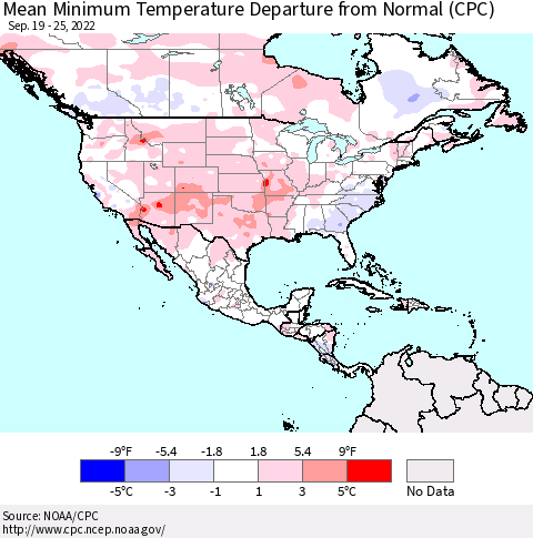 North America Mean Minimum Temperature Departure from Normal (CPC) Thematic Map For 9/19/2022 - 9/25/2022