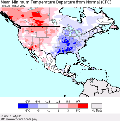 North America Mean Minimum Temperature Departure from Normal (CPC) Thematic Map For 9/26/2022 - 10/2/2022