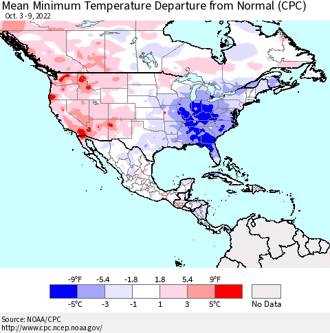 North America Mean Minimum Temperature Departure from Normal (CPC) Thematic Map For 10/3/2022 - 10/9/2022