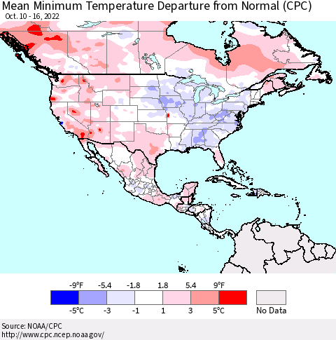North America Mean Minimum Temperature Departure from Normal (CPC) Thematic Map For 10/10/2022 - 10/16/2022
