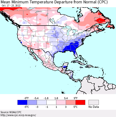 North America Mean Minimum Temperature Departure from Normal (CPC) Thematic Map For 10/17/2022 - 10/23/2022