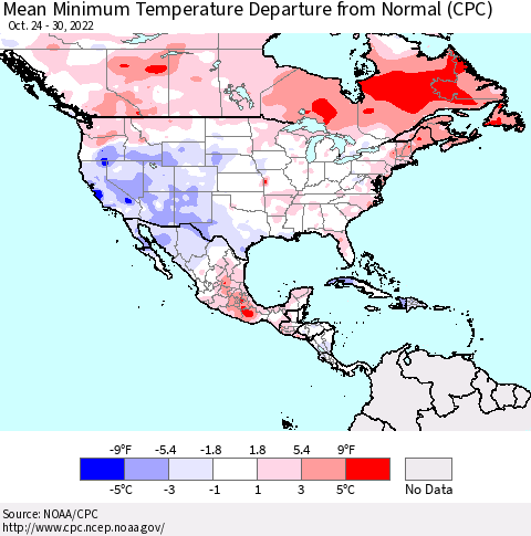 North America Mean Minimum Temperature Departure from Normal (CPC) Thematic Map For 10/24/2022 - 10/30/2022