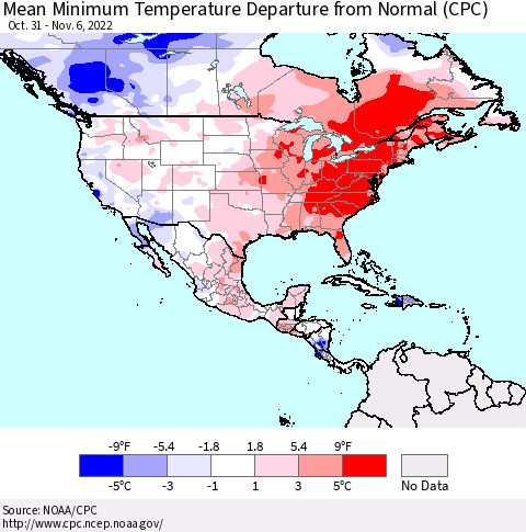 North America Mean Minimum Temperature Departure from Normal (CPC) Thematic Map For 10/31/2022 - 11/6/2022
